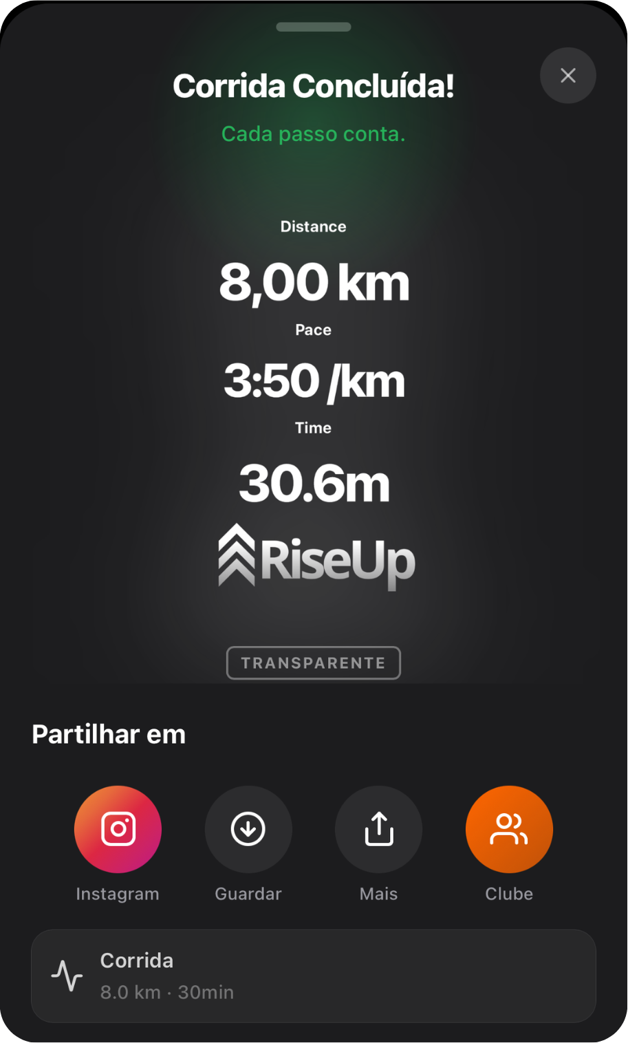 Ecrã de partilha do RiseUp após concluir uma corrida