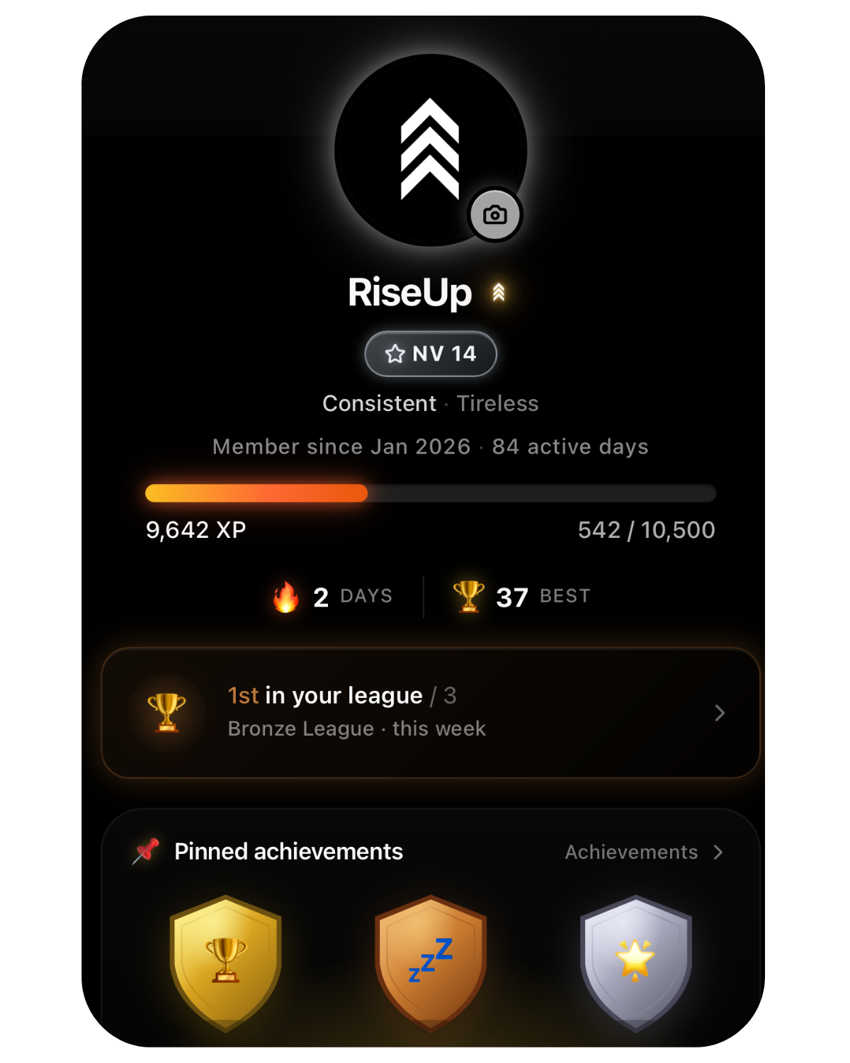 Perfil do RiseUp com nível, XP, liga semanal e conquistas fixadas